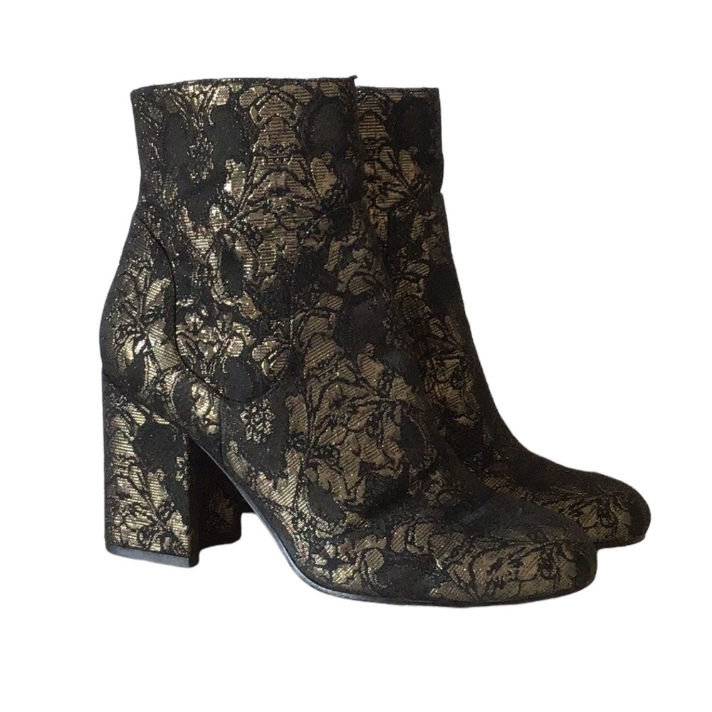 Marc Fisher Jana Black Gold Metallic Block Heel Ankle Booties